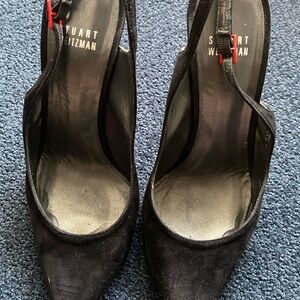 Stuart Weitzman Black Suede Pointed Slingback Heels with Red Buckle Accent